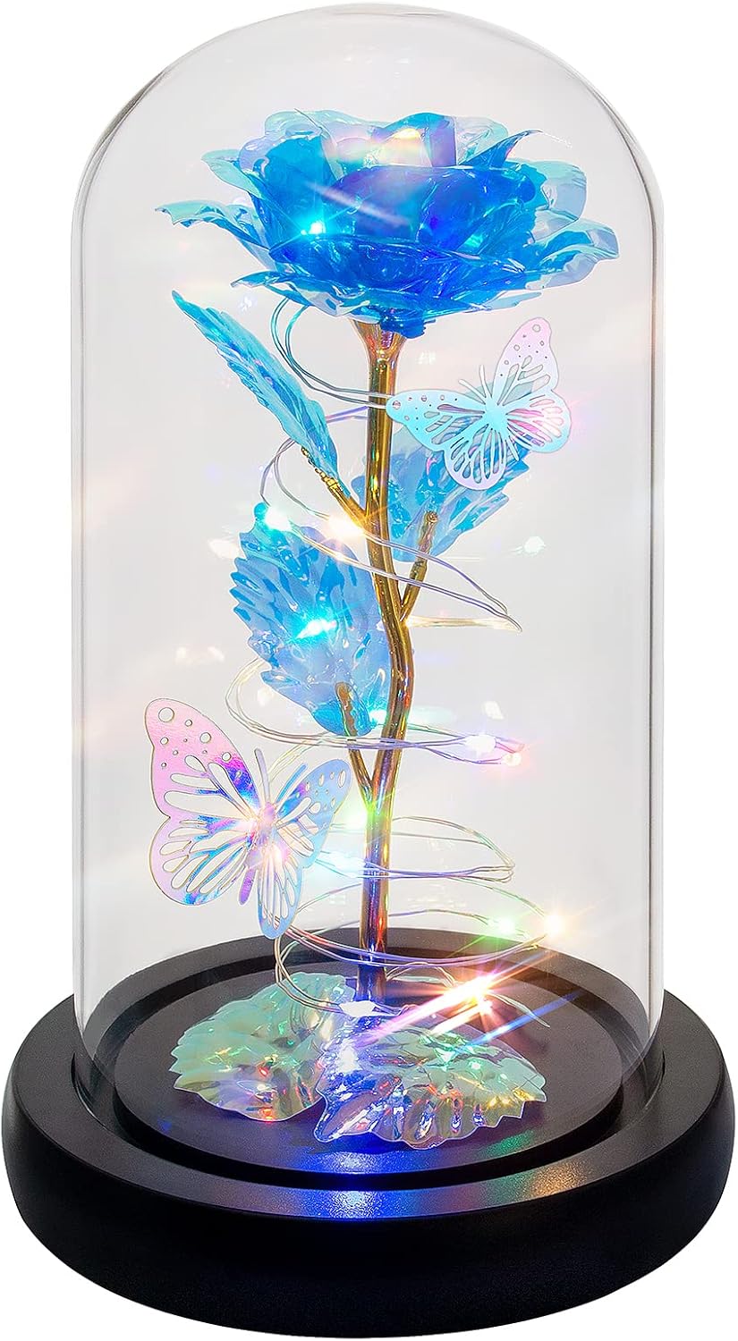 Valentines Day Rose Gifts for Mom,Birthday Love Gifts for Women, Glass Rose Flower Gifts for Mom from Daughter, Teenage Girl Gift Ideas, Colorful Blue Artificial Flower Rose Gifts for Her, Women, Mom