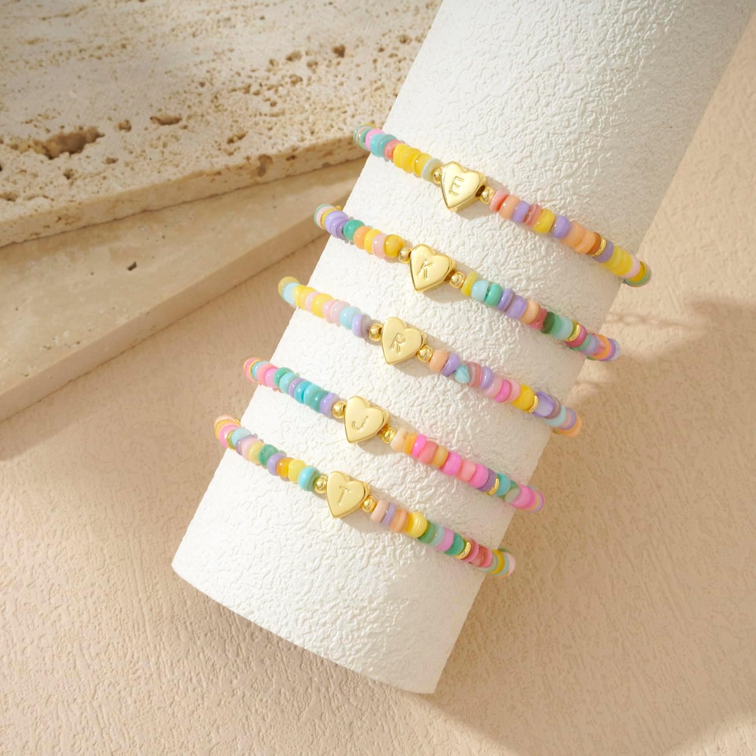 Valentines Day Gifts for Her-Initial Bracelets, 14K Gold Plated Dainty A-Z Letter Heart Charm Bracelet, Waterproof Colorful Beaded Bracelet Gold Jewelry for Birthday Gifts - Image 9