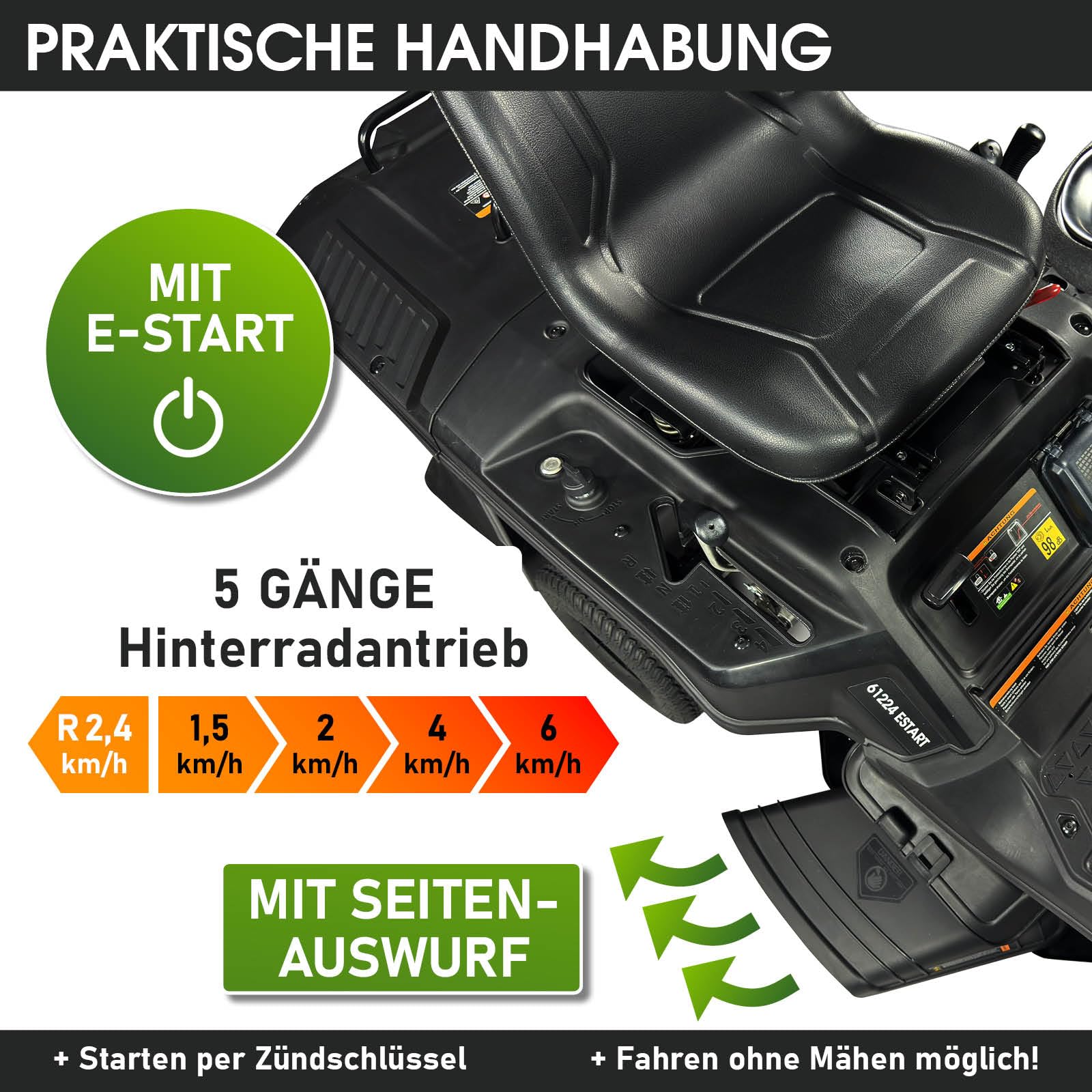 BRAST® Rasentraktor Benzin Aufsitzmäher | 5,15kW(7PS) | Elektrostart | XXL Schnittbreite 61cm | TÜV geprüft | Variable Geschwindigkeit | 150L Fangkorb | für mittlere bis große Rasenflächen