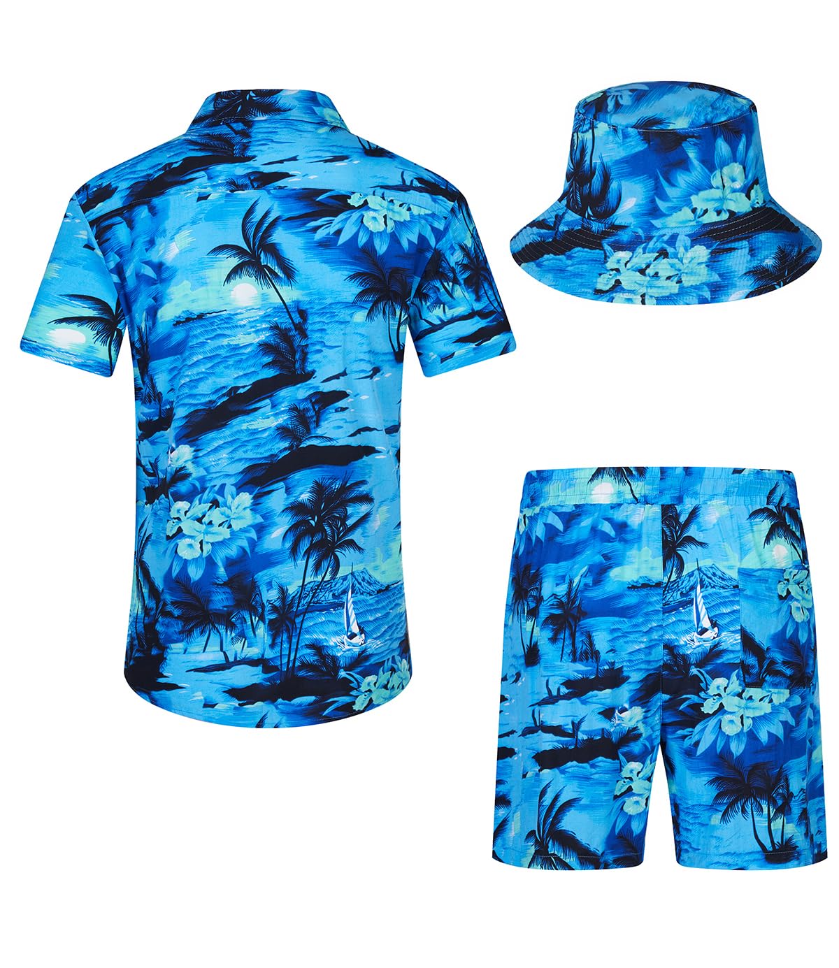 Męska koszula hawajska i szorty, zestaw 2-częściowy, koszule na co dzień, koszule zapinane na guziki, letnie stroje plażowe z kapeluszami typu bucket hat
