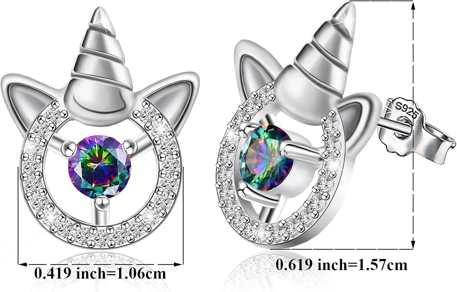 Unicorn Earrings for Women - Sterling Silver Hypoallergenic Cubic Zirconia Cute Animal Stud Earrings - Image 7