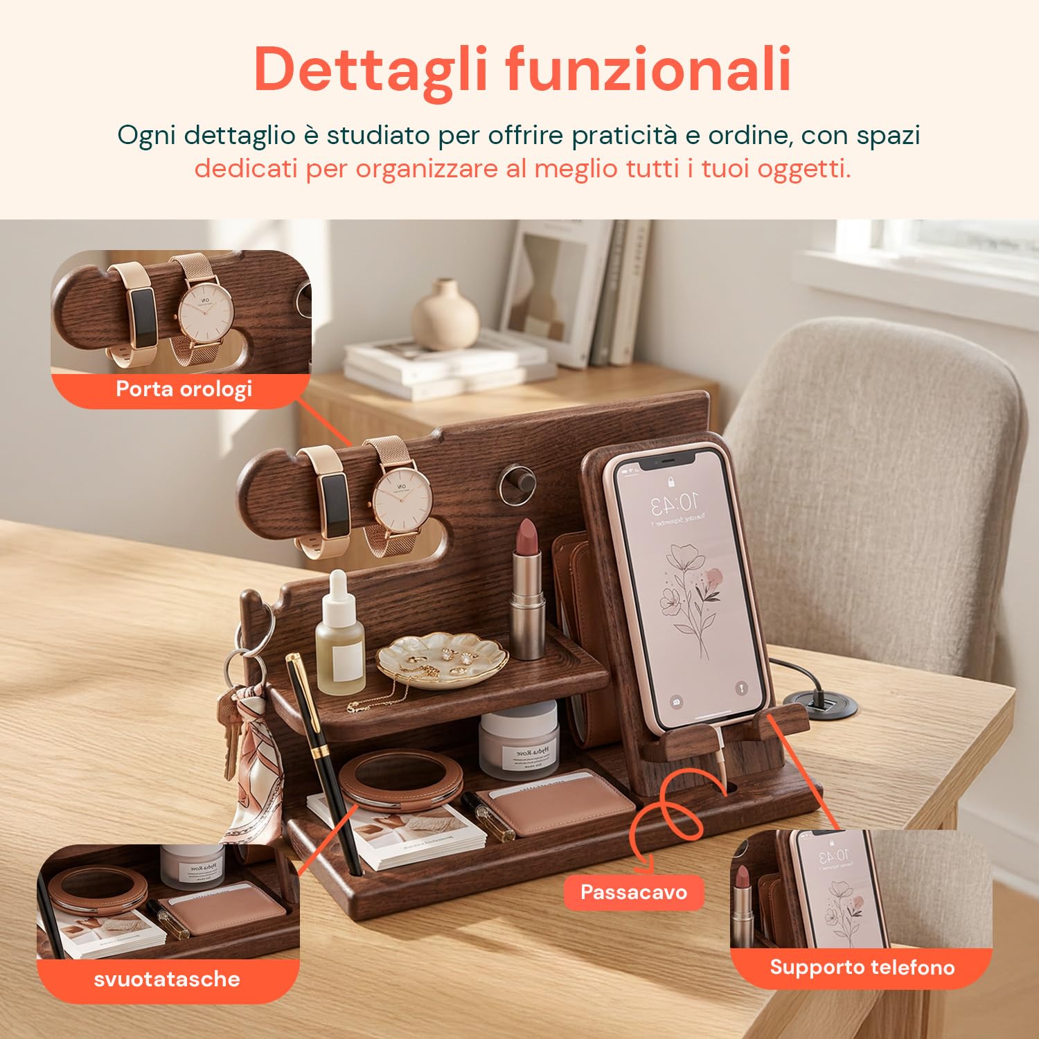 Avilia - Organizer in Legno con Supporto Smartphone e Porta Orologi – Stazione di Ricarica e Svuotatasche da Scrivania o Comodino – 25,5x15x18,5 cm – Design Naturale Elegante e Multiuso