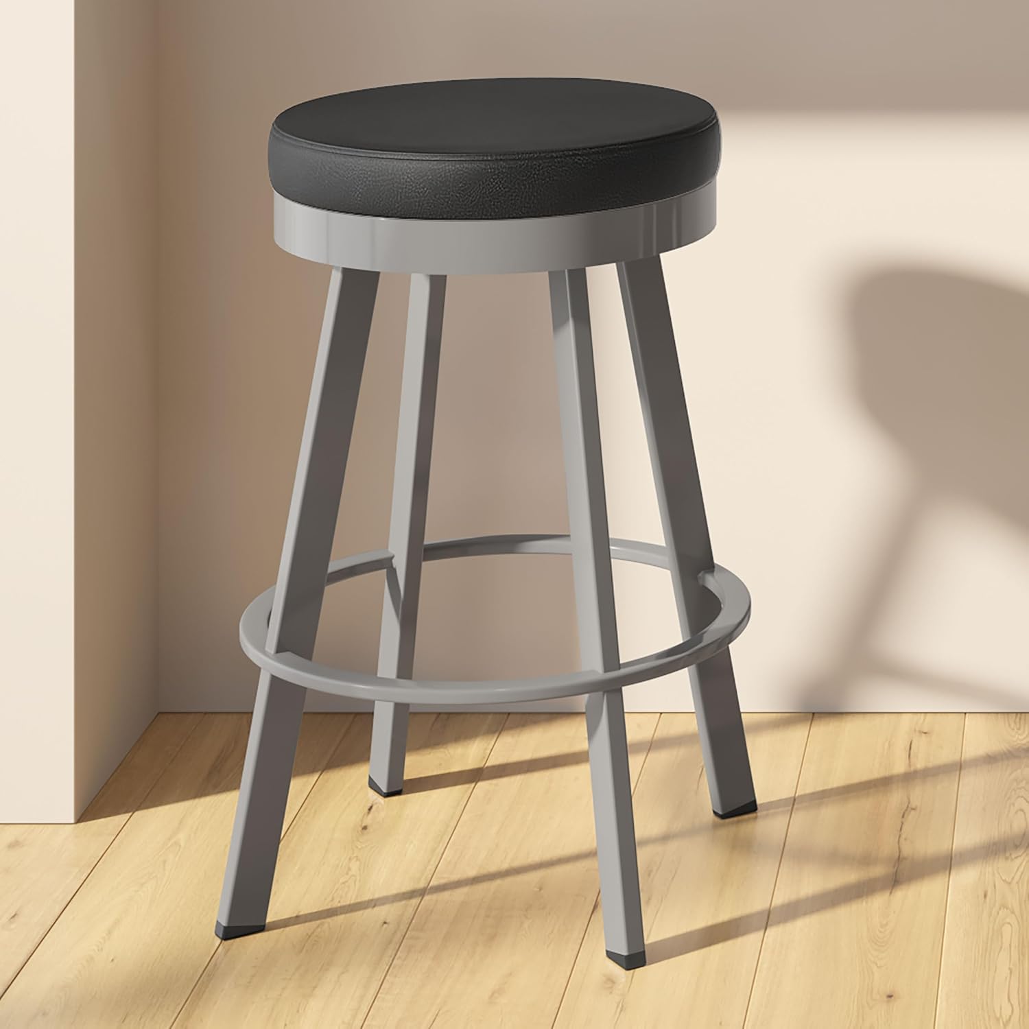 Amisco Swice 26" Counter Height Barstool, Backless Stool with 360 Swivel Seat and Metal Base for Kitchen Island or Bar - Black Faux Leather/Glossy Grey Metal