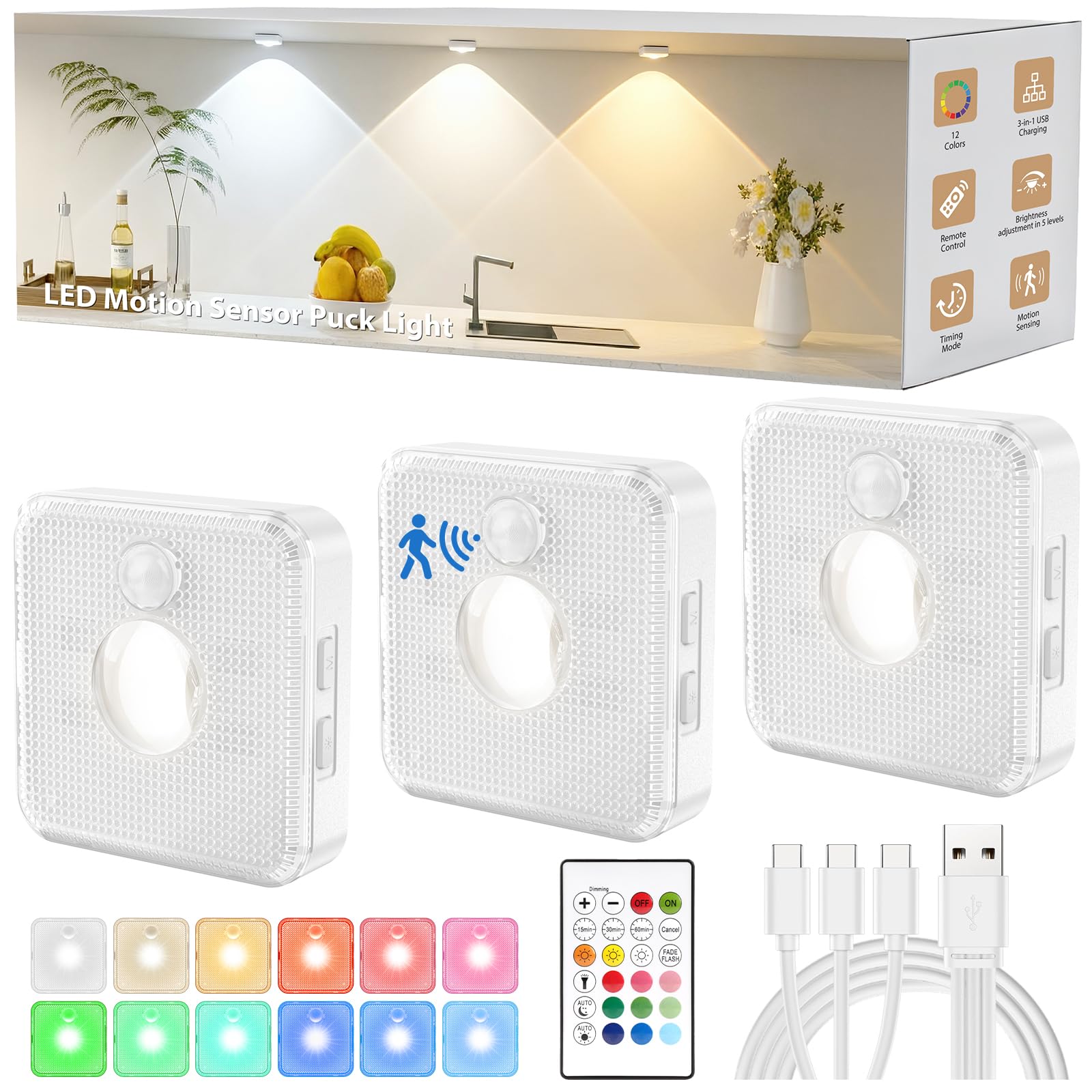 GBEAST 3 Stück Schrankbeleuchtung mit Fernbedienung, Vitrinenbeleuchtung Led, Schrankbeleuchtung Unterbauleuchte, 12 Modi, 1000mAh Akku, USB Aufladbar, Magnet Unterbauleuchte Küche Schrankbeleuchtung