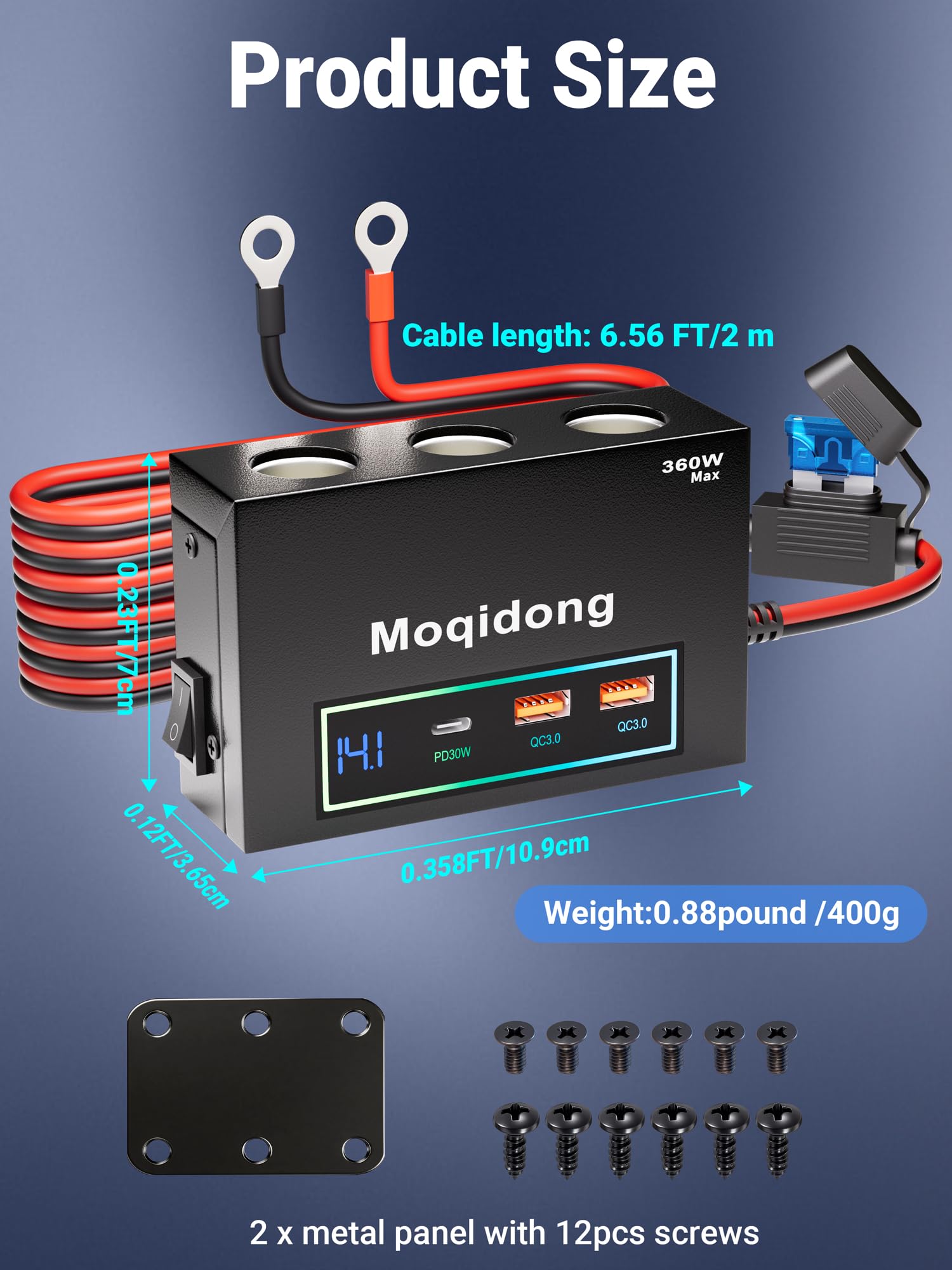 Presa Accendisigari Auto 12V/24V, 3 Uscite 360W, 2 Porte USB QC3.0, Cavo 2m con Interruttore