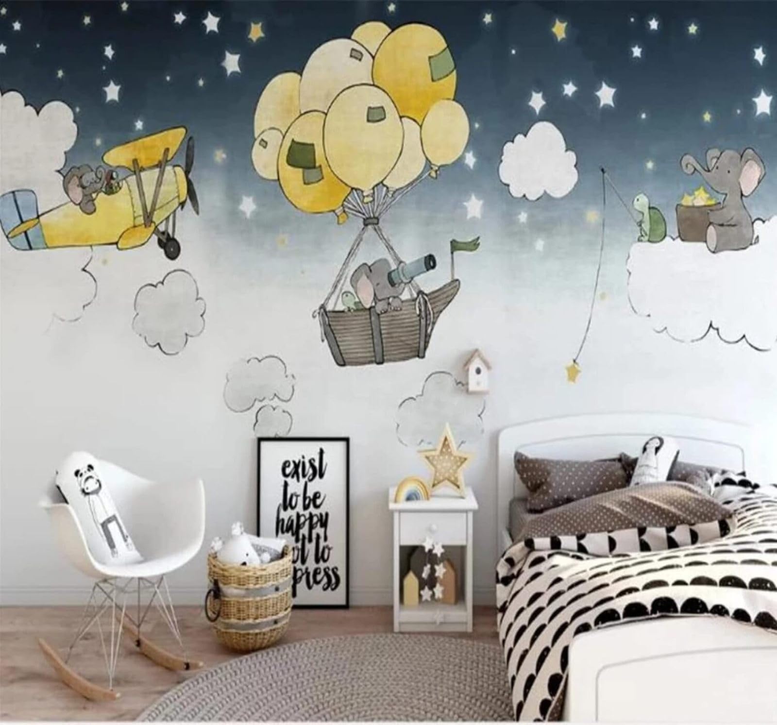 XLMING Hand Drawn Sky Elephant Balloon Aeroplane 3D Wallpaper Luxury Home Dining Decor Paste Sofa Living Room The Wall for Bedroom Mural-300cm×210cm