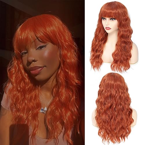 Miniatura 2 de X-TRESS Pelucas de jengibre con flequillo de 20 pulgadas, pelucas sintéticas naturales rizadas con flequillo naranja para mujeres negras, pelucas de