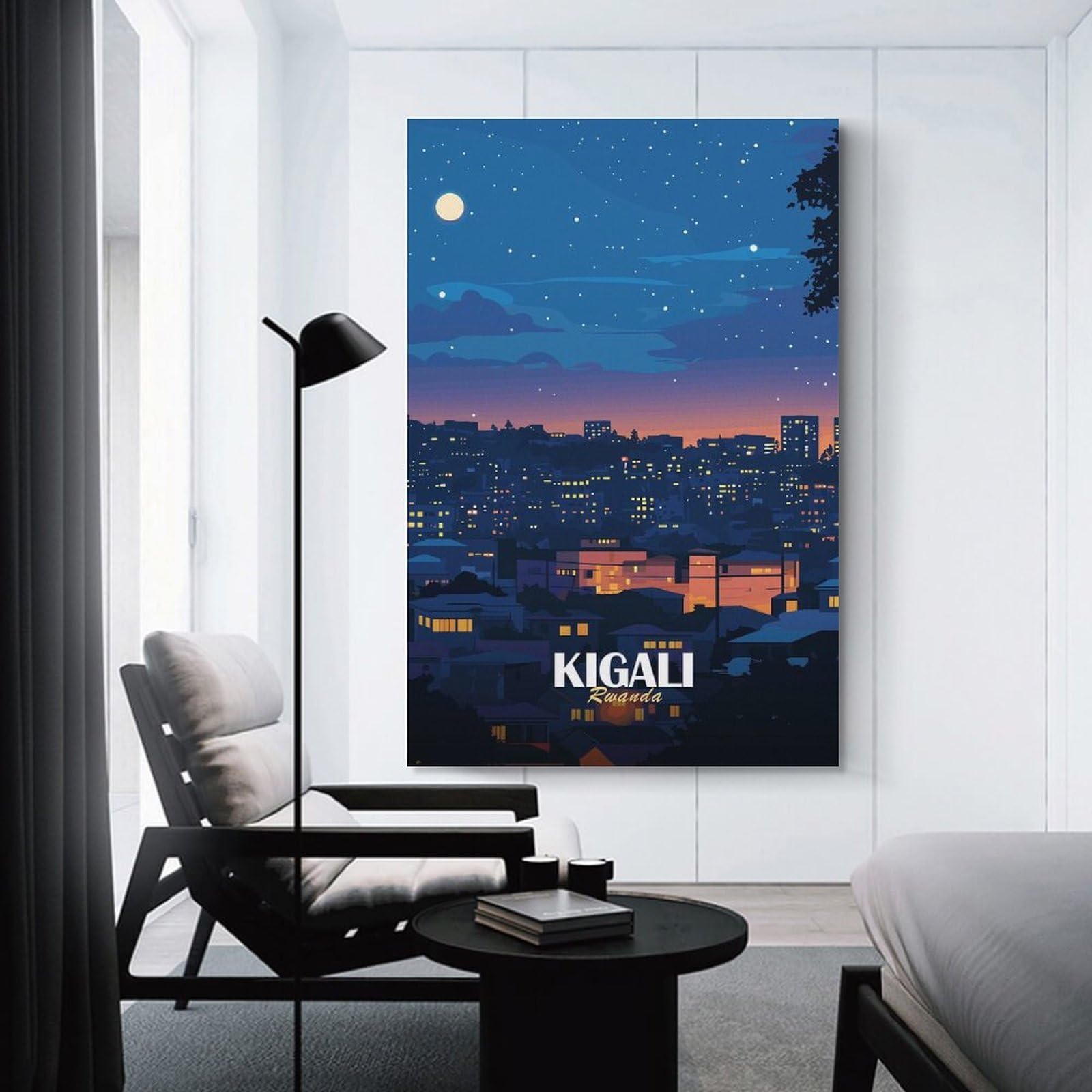 Junmoney Kigali Rwanda Cityscape at Night Decorative Wall Artwork, 24x36inch(60x90cm), for Work Areas, Reading Rooms Or Studios, Wall Art That Adds Style to Work Areas