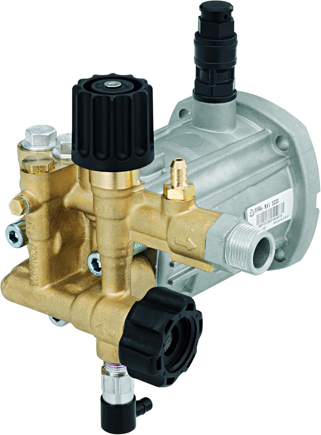 Annovi Reverberi RXV25G30D-EZ 3/4" D Version Hollow Shaft Replacement Pump 3000 PSI, 2.5 GPM, 3400 RPM Easy Start Valve Thermal Relief Valve Detergent Outlet Adjustable Unloader Triplex Plunger Pump