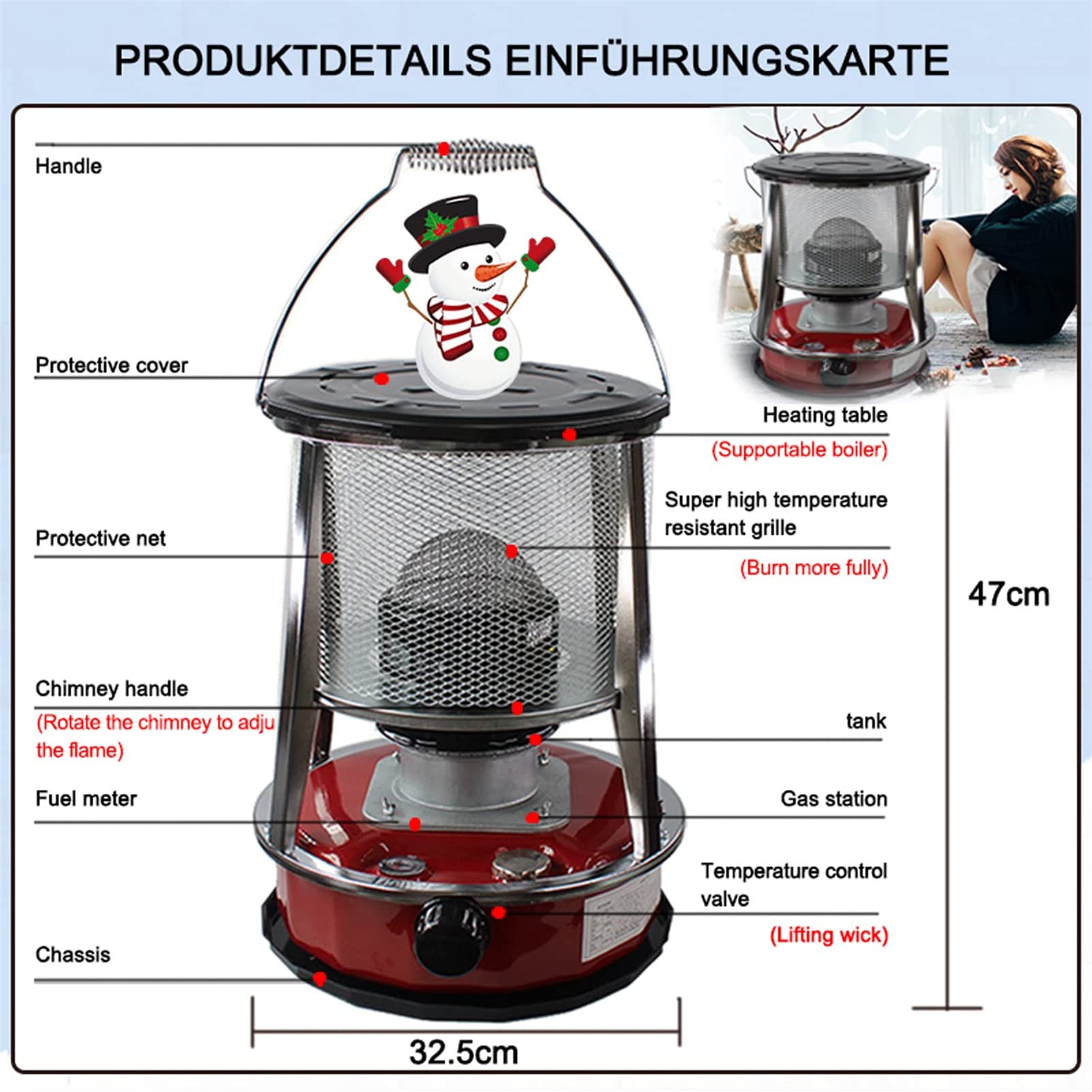 Petroleumofen für Innenräume Ohne Strom mit 3 Docht, Große Petroleum Heizung Heizer mit Umfallschutz, Tragbarer Effizienter für Innen Outdoor Camping Barbecue Blackout ausrüstung,Red-6L