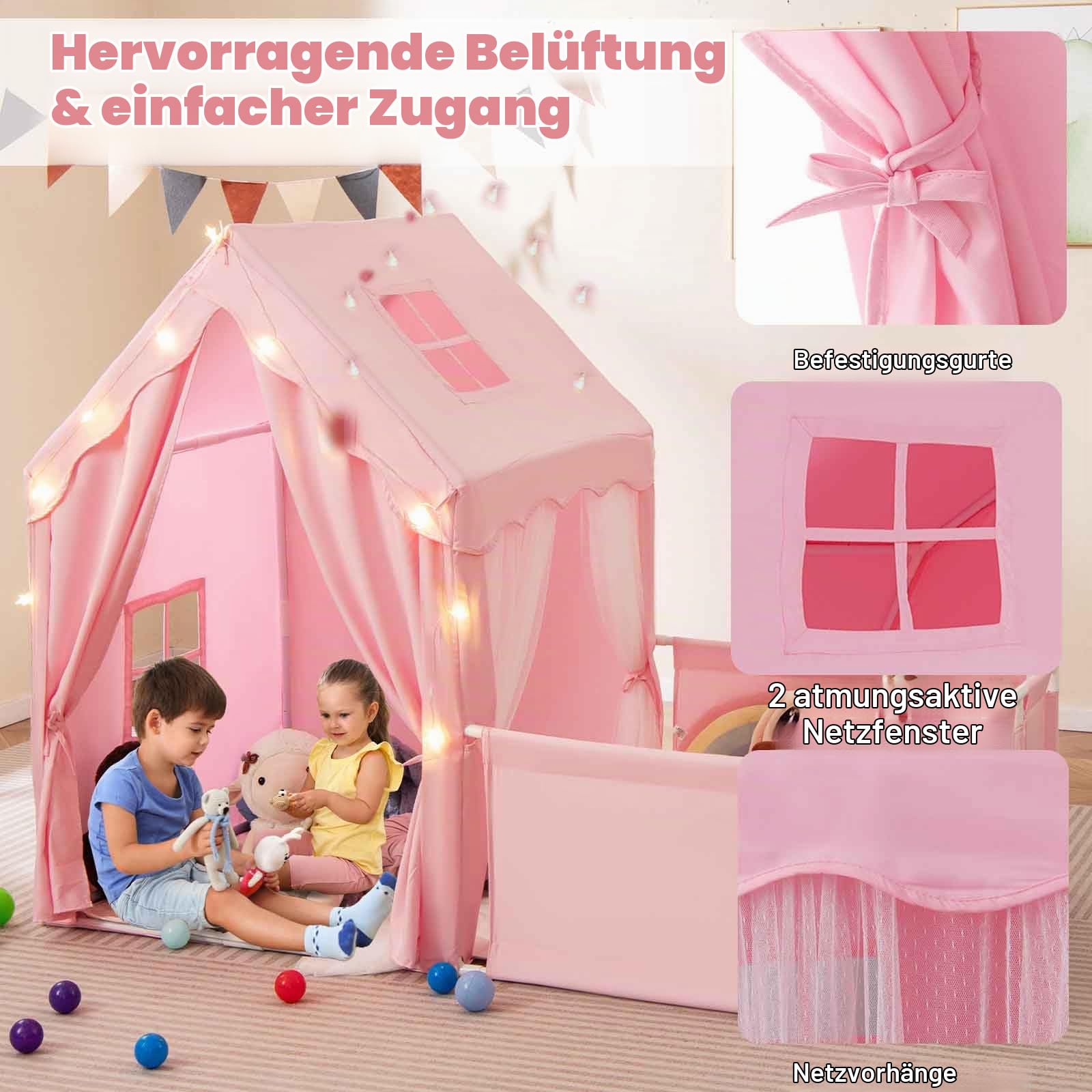 HOMASIS Spielzelt Indoor, 2 in 1 Spielhaus mit Laufgitter, Matte, Sternlichtern & Fenster, Kinderzelt aus Baumwolle, Kinder Zelt Kinderhaus für ab 3 Jahren, Kinderspielzelt für Kinderzimmer (Rosa)