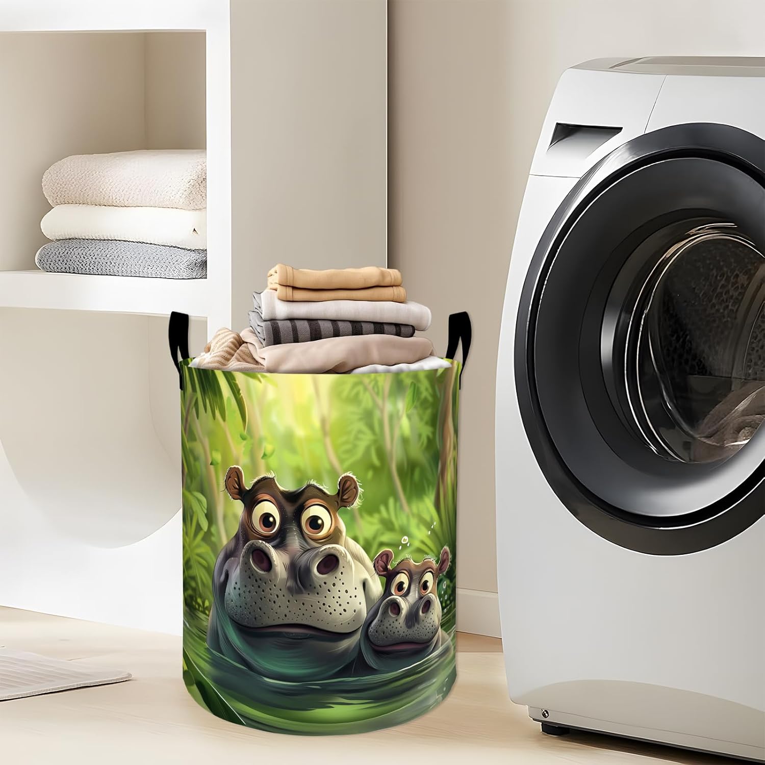Funny Hippos in Green Jungle Water Laundry Basket with Handles, 19.7"x15.7" Clothes Foldable Laundry Hamper Organizer for Dorm Nursery Bedroom Bathroom Decor, Toy Storage Bin for Kids