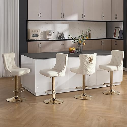 Miniatura 8 de Juego de 2 taburetes de bar giratorios dorados, taburetes de bar ajustables de terciopelo con respaldo copetudo, ribete de cabezas de clavos y