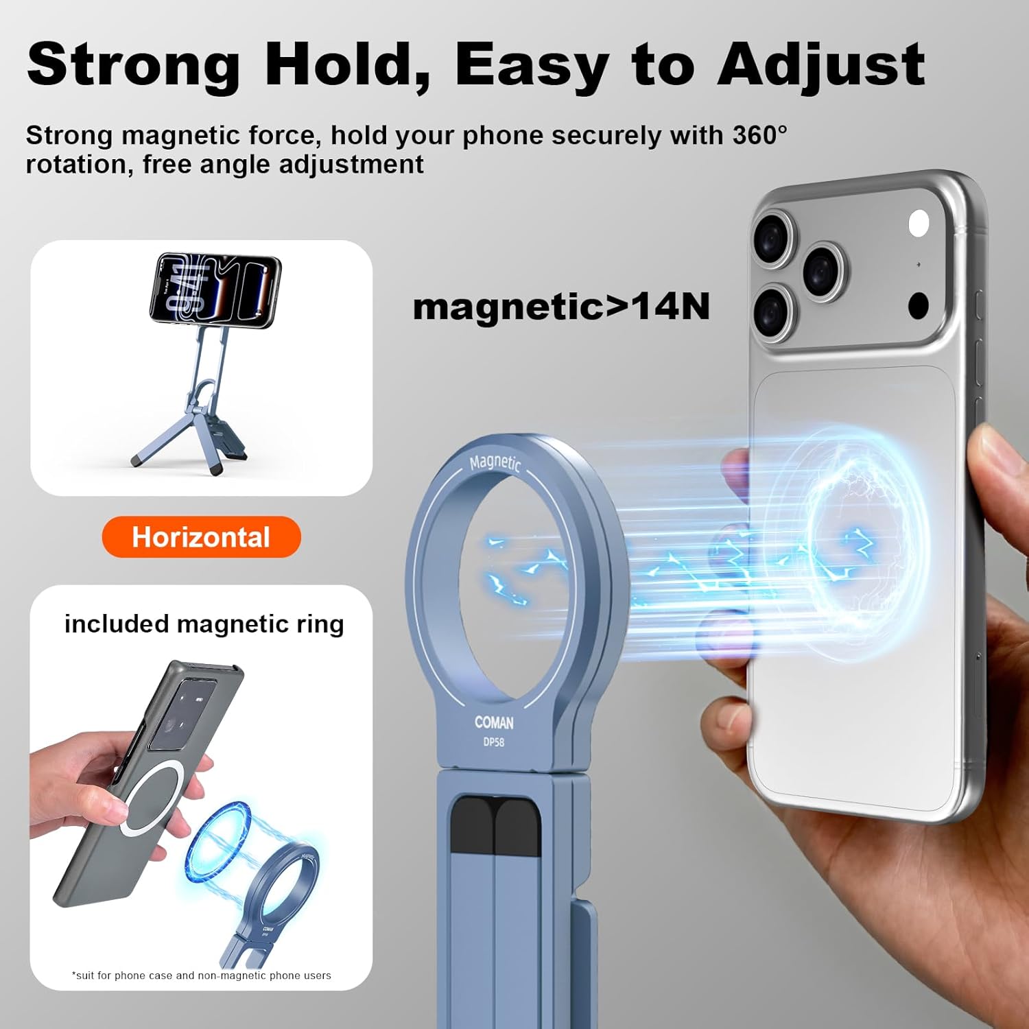 COMAN DP58 Magnetic Phone Tripod, Aluminum MagSafe Tripod Stand with Carabiner, Mini Portable Travel Pocket Stand for iPhone & Non-Magnetic Phones with Included Ring