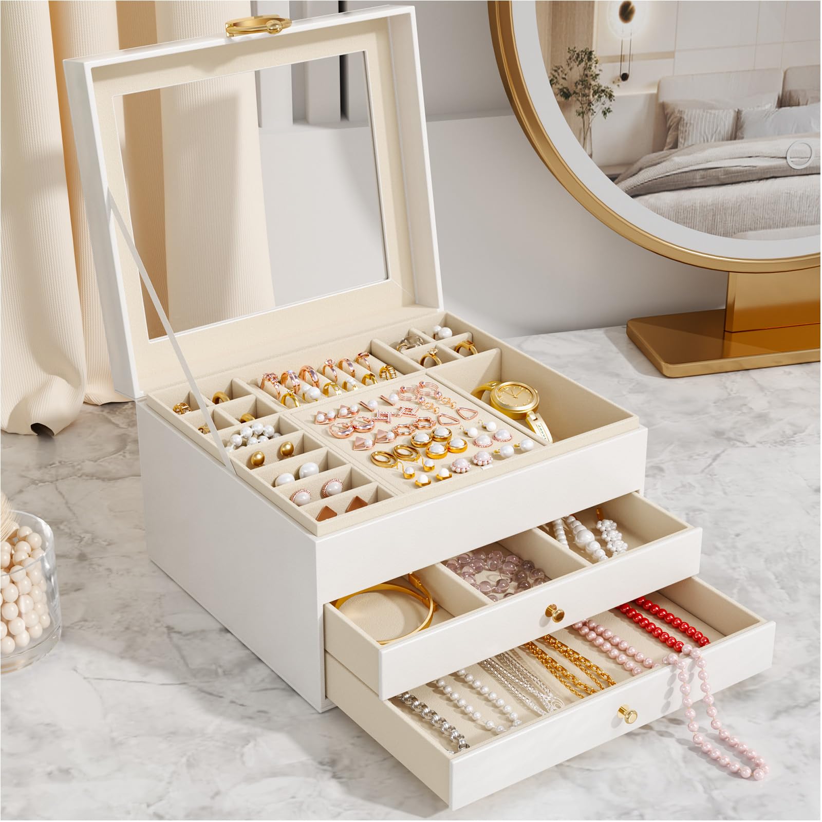 Portagioie 3 Strati Con Coperchio In Vetro E 2 Cassetti – Organizer Bianco E Oro Per Anelli, Orecchini E Collane – Regalo Elegante Per Lei