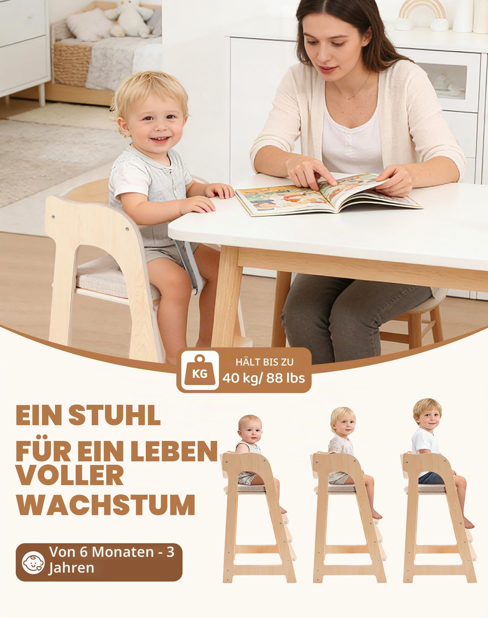 ROBUD Multifunktionaler Holzhochstuhl für Kinder, mit Sicherheitsgurt 6M+