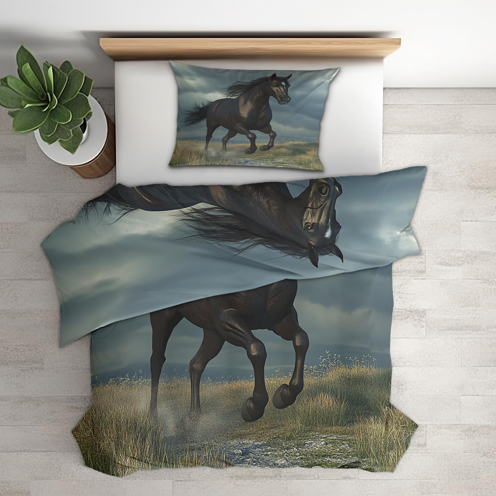 Housse de Couette Cheval Noir en Microfibres Douces Parure de Lit 2 Personnes Finition Éclair