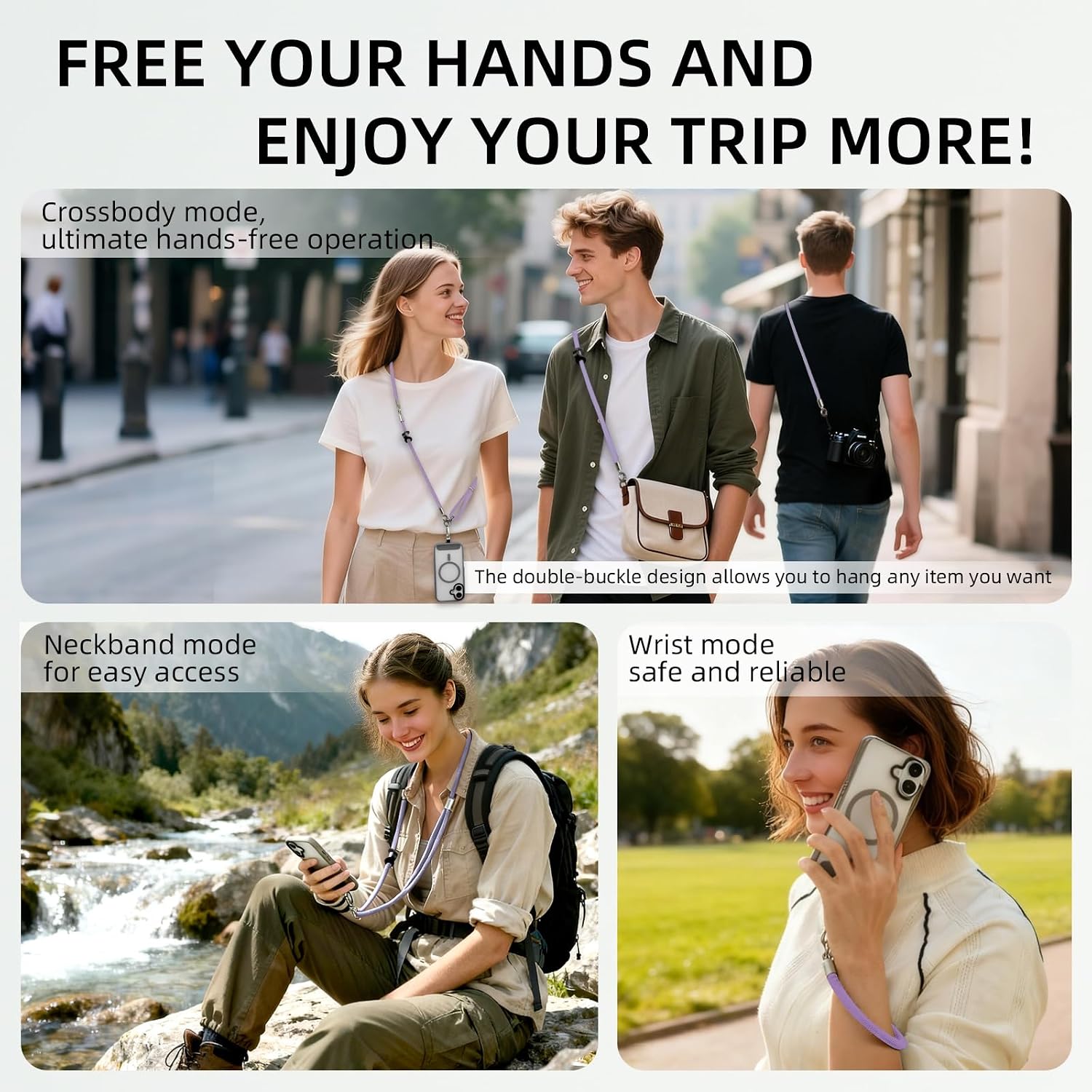 3-in-1 Phone Lanyard Crossbody/Neck/Wrist, Anti-theft Adjustable phone strap with 2 Phone Tabs,Cell Phone Lanyard for All Phones,Sturdy metal buckle, Skin-Friendly for outdoor,Purple