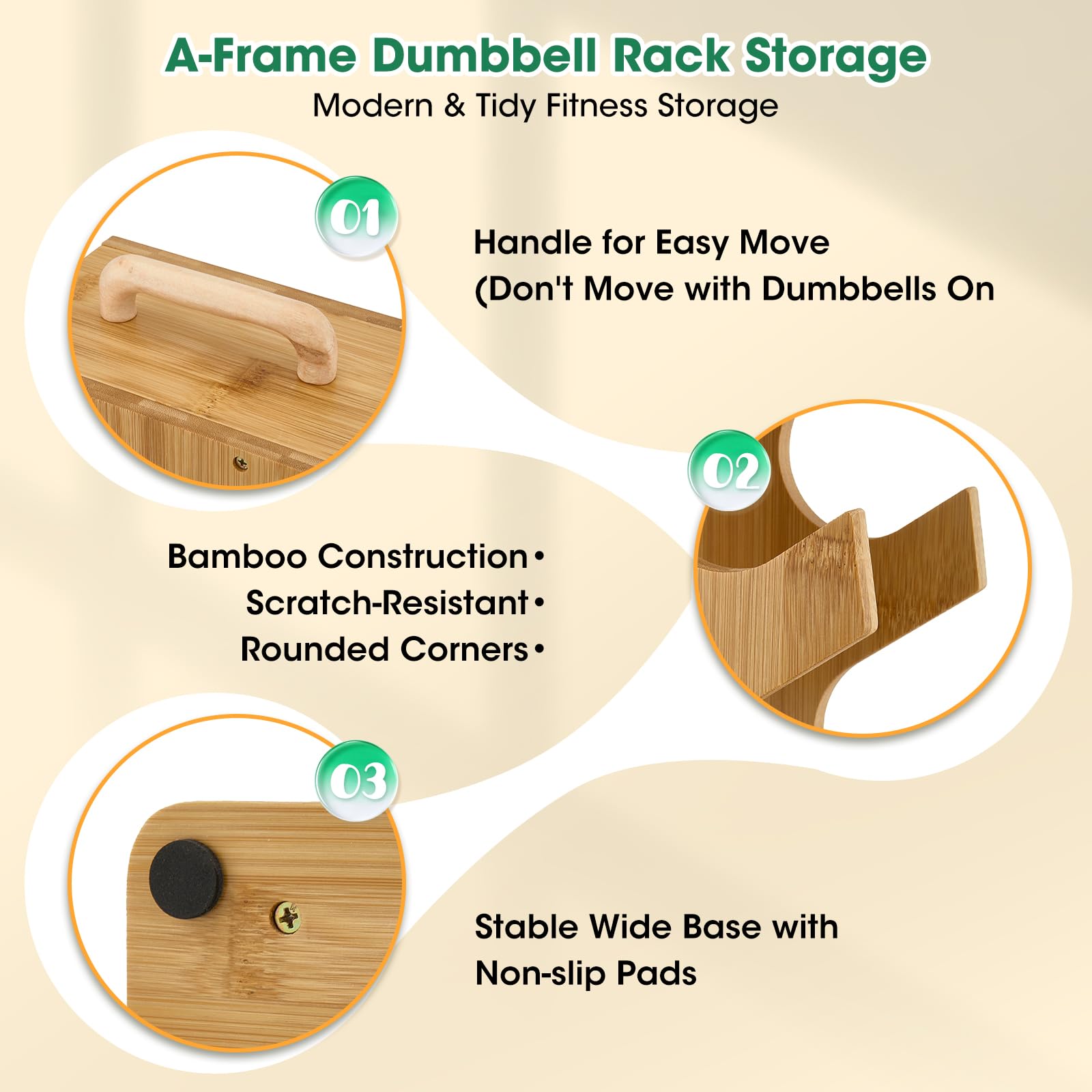 4 Livelli Supporto per Manubri, Supporto Porta Manubri in Legno, 4 Ripiani Rack Porta Rastrelliera con Maniglia, da 3-7KG, per Palestra Domestica, Ufficio, Soggiorno, 35,5x14,5x46cm