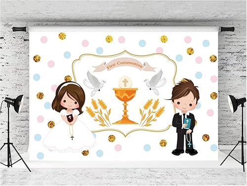 Miniatura 3 de Fondo de fotos de primera comunión para niños y niñas, vinilo con texto en inglés God Bless My Bautismo (7 x 5 pies)