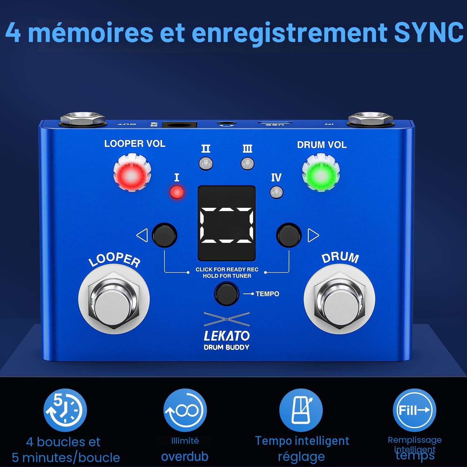 LEKATO Pédale de Boucle de Batterie avec Accordeur, 4 Boucles 11 Minutes Pédale de Boucle avec Boîte à Rythme 30 Batteries avec App pour Guitare Électrique et Basse, Tap Tempo