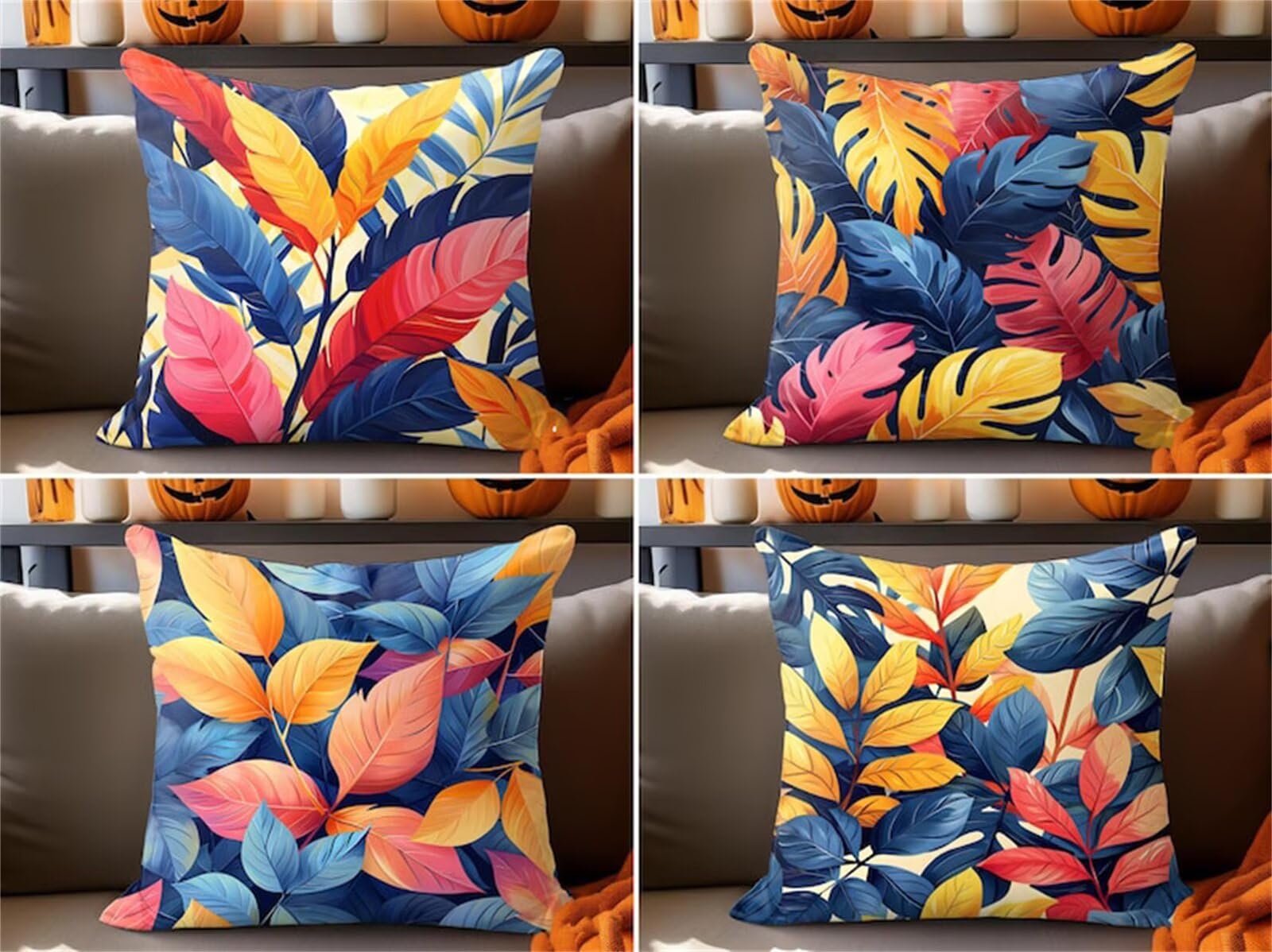Heaen Outdoor Cushion Covers 45x45 cm Set of 4 Waterproof Linen Throw Pillowcases Colourful Leaves Square Decorative Pillow Covers for Garden Patio Furniture