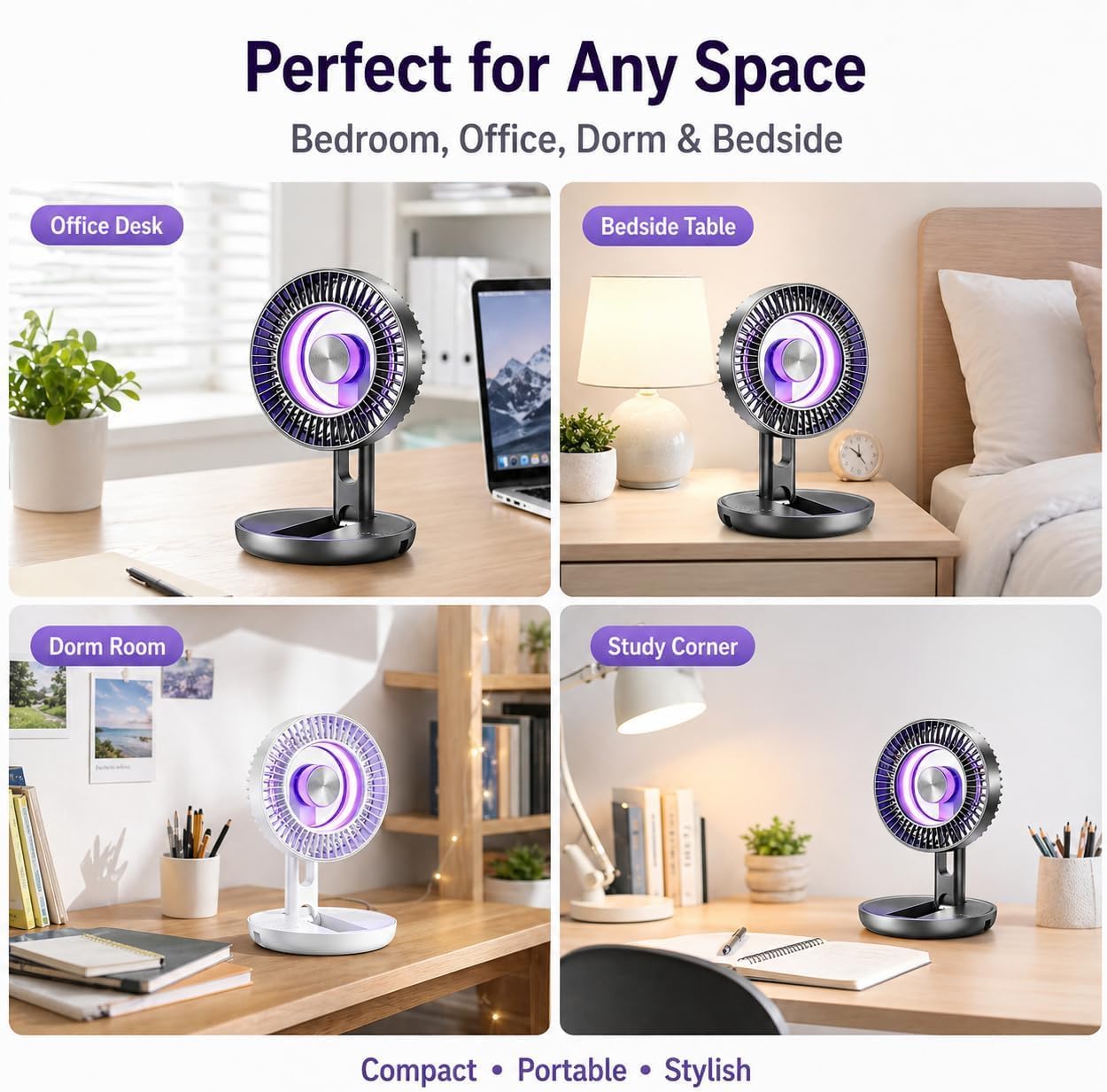 3-in-1 USB Desk Fan with Colorful LED Light, 2026 Upgraded Quiet Portable Table Fan, 5-Speed Adjustable, Multi-Angle Foldable Design for Bedroom, Office, Dorm, Travel (Black)