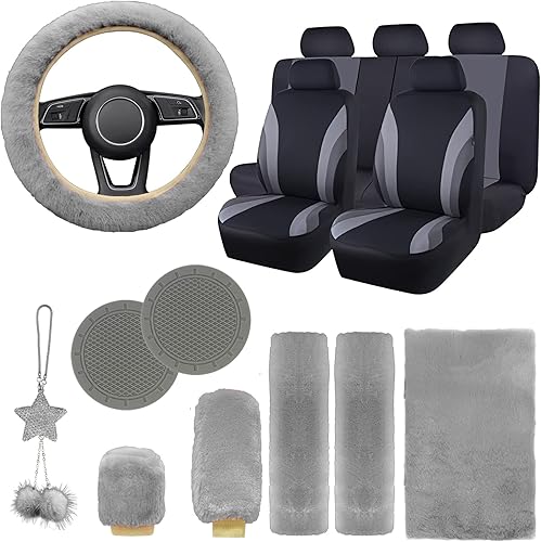 JINGSEN Juego completo de 17 fundas de asiento de automóvil para mujer, funda universal para asiento de automóvil, funda de volante de felpa,