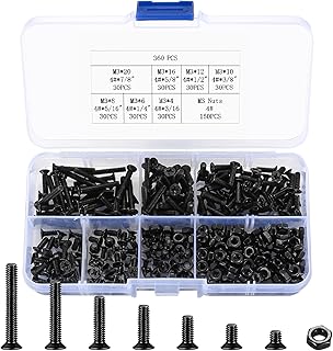 Countersunk Head Screws and Hex Nuts Kit, Black Flat Head Phillips Machine Screws Bolts and Hex Nuts Set, 360 Pcs, M3 x 4mm/ 6mm/ 8mm/ 10mm/ 12mm/ 16mm / 20mm