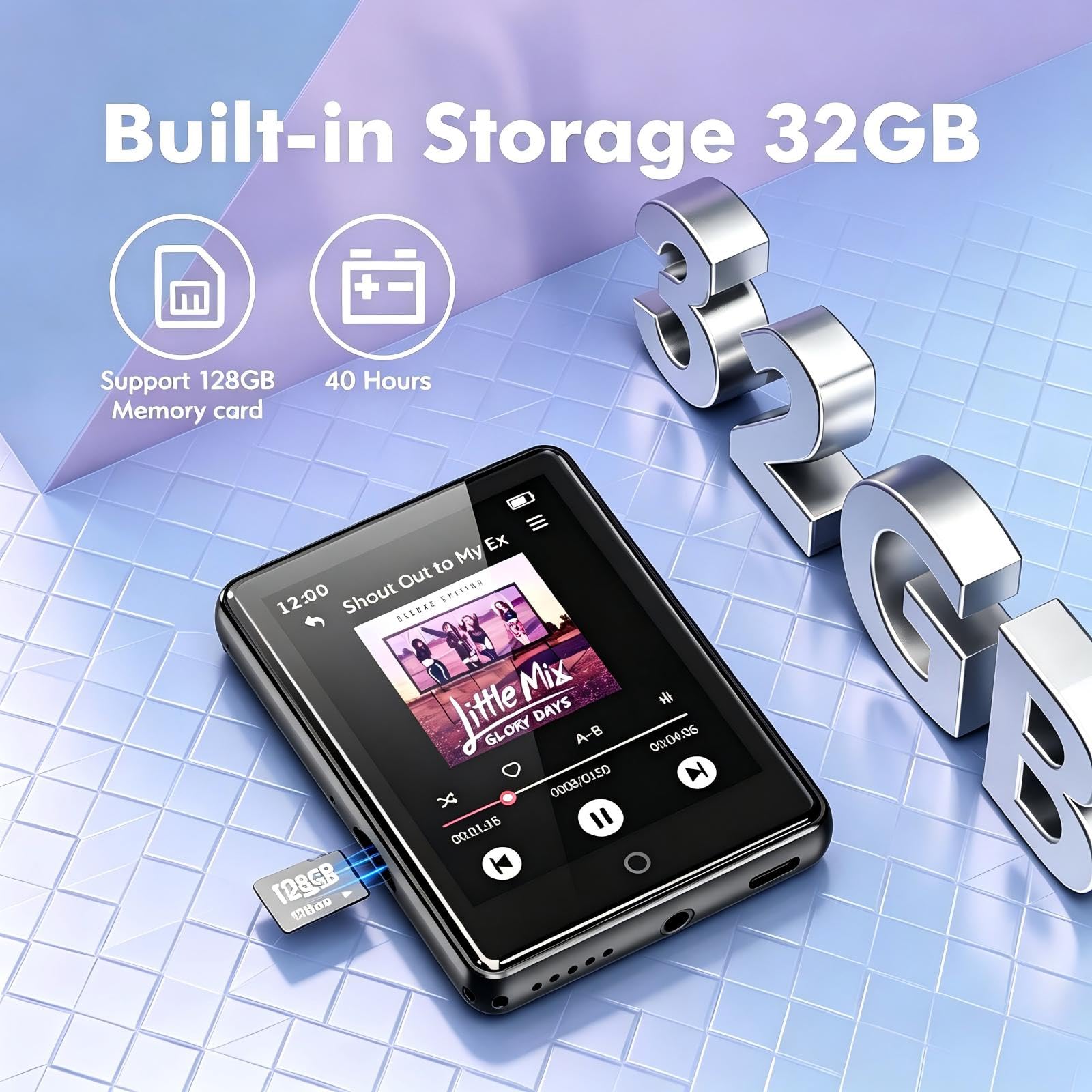 Reproductor MP3 de 32 GB con Bluetooth 5.3 con Altavoz para niños Calidad de Sonido HiFi, Pantalla táctil de 2,8 Pulgadas, Radio FM, Grabadora de Voz, Admite Tarjetas TF de hasta 128 GB (Negro)