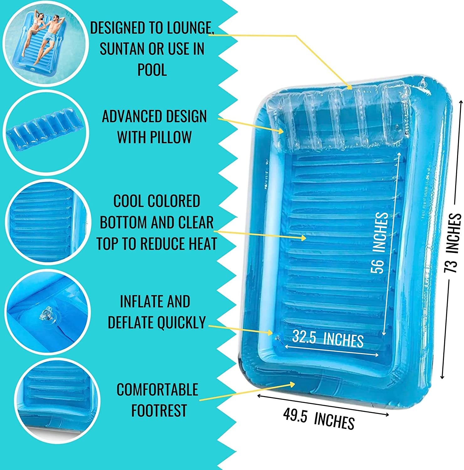 Inflatable Tanning Pool Lounger Float Large - FUNFX Suntan Tub – Outdoor Lounge Pool I Adult Kiddie Blow Up Pool Raft Floatie Toys Kiddie Ball Pit Pool-Tanning Pool Bed (Blue) 73 X49.5 inches