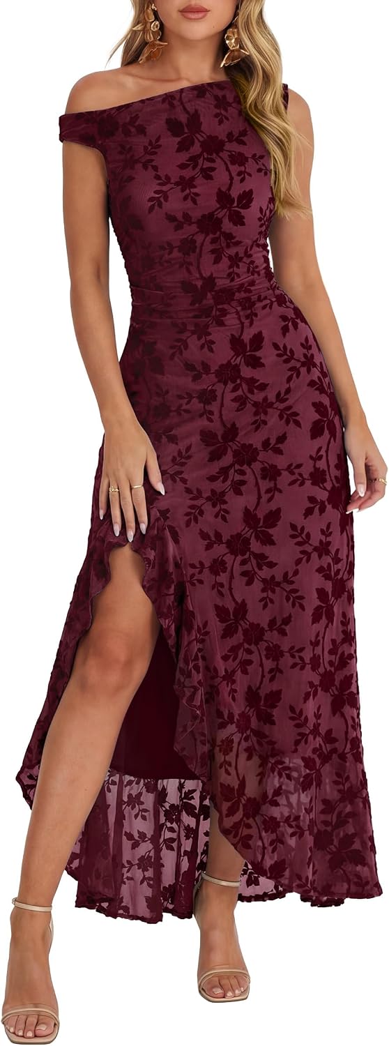 Caracilia Womens Summer Off Shoulder Formal Dress Floral Mesh Bodycon Ruched Split Cocktail Wedding Guest Party Maxi Dresses