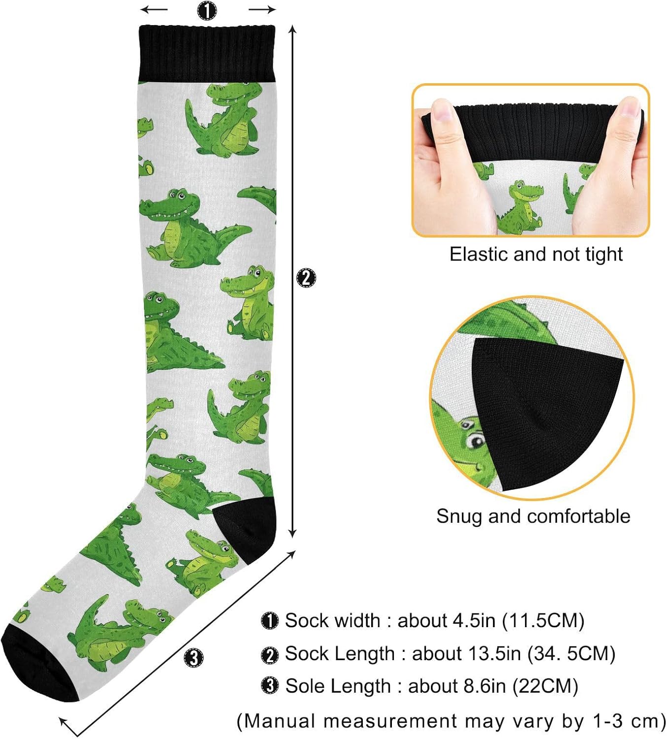 Pigsaly Cartoon Crocodiles Women's Compression Socks Green Alligator Athletic Tube Sock Unisex Casual Knee High Socks Outdoor Sport Socks For Running Hiking Travel - Image 3