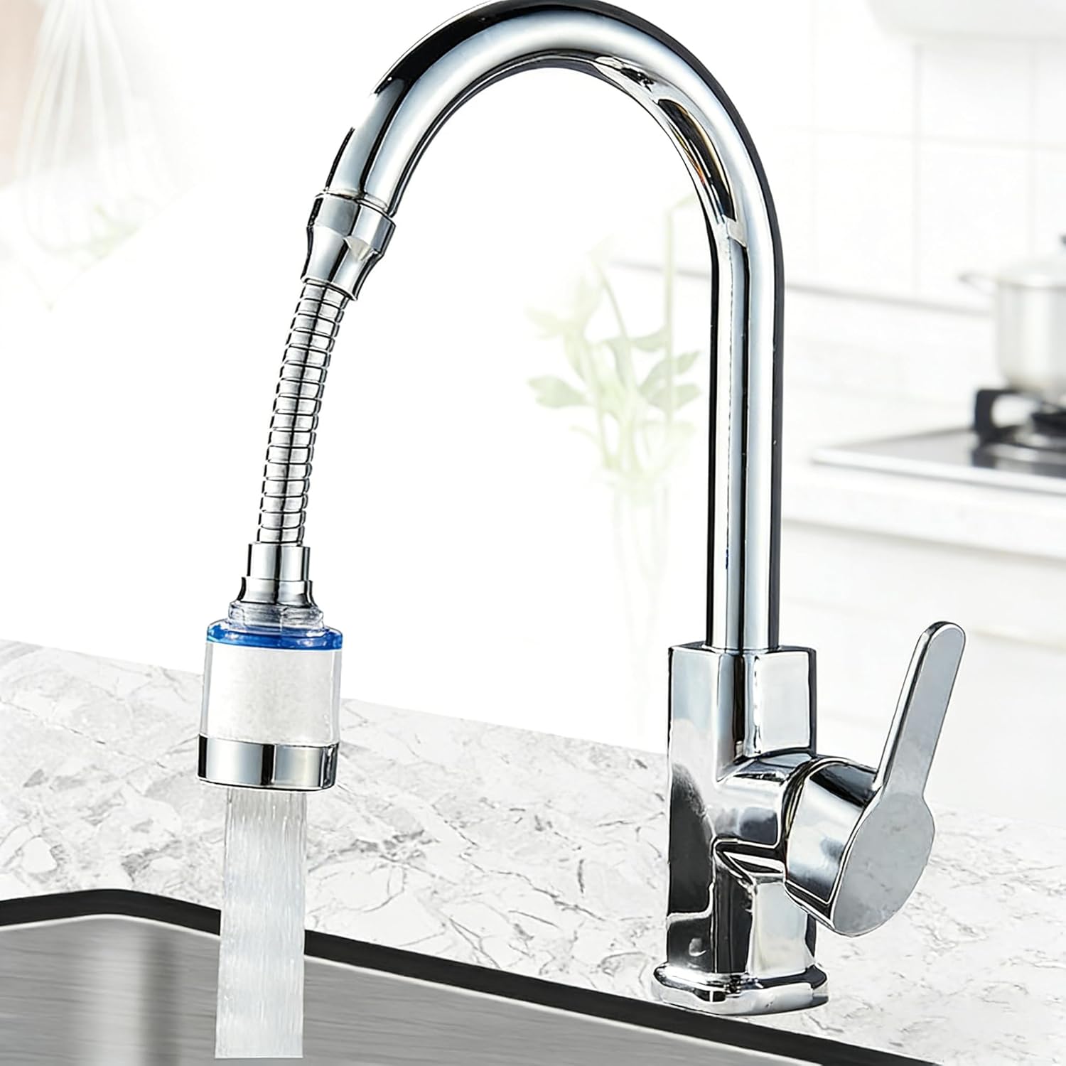 1pc Flexible Faucet Water Filter Aerator, Transparent Long Hose Tap Extender with Splash Proof High Pressure Flow, ABS Chrome Finish, for Kitchen Sink Bathroom Faucet