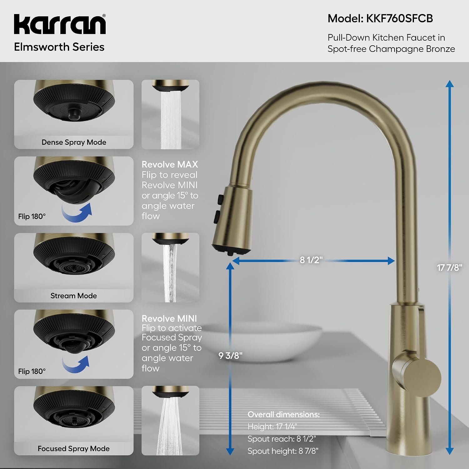 Karran Elmsworth Commercial Style Pull-Down Kitchen Faucet with Dual Interchangeable Spray Heads 5-Function Revolve MAX & 3-Function Revolve Mini Aerator High-Arc Spout (Spot Free Champagne Bronze)