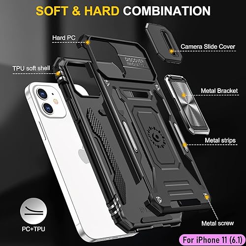 Miniatura 3 de Funda resistente para Apple iPhone 11, protección híbrida de goma de doble capa de grado militar con protector de cámara deslizante, soporte