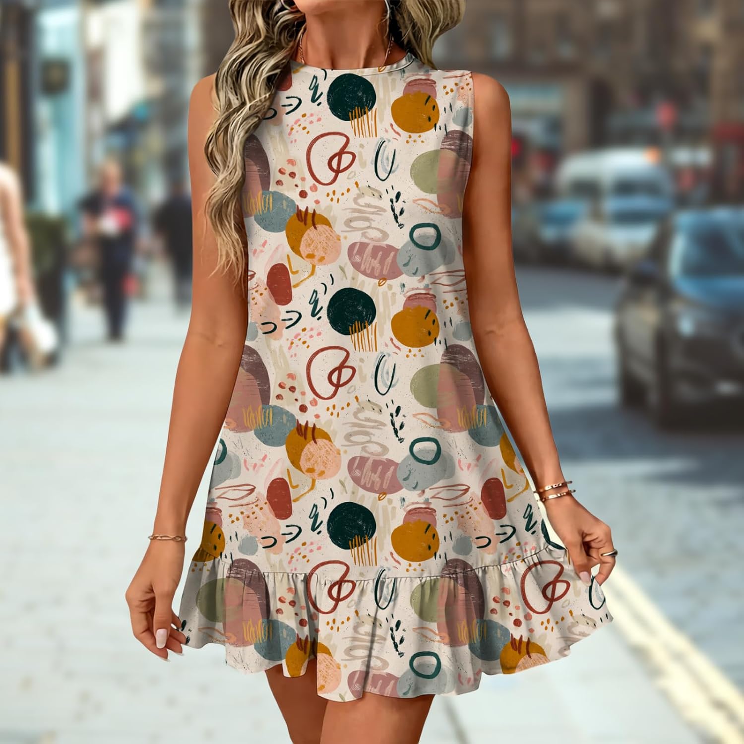 Womens Boho Dress Cute All-Over Print Sleeveless Ruffled Mini Dresses Slim Fit Summer Sundress (S-3XL) - Image 2