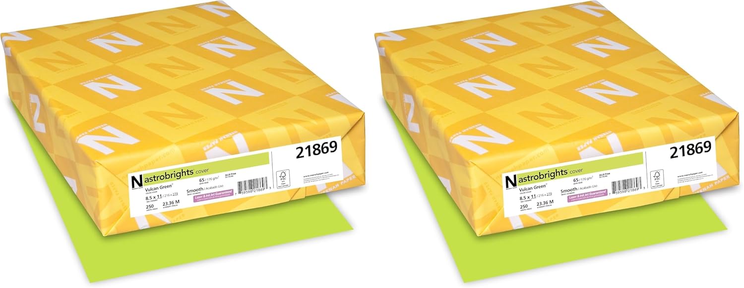 Neenah Wausau 21869 Astrobrights Colored Cardstock, 8.5” x 11”, 65 lb / 176 GSM, Vulcan Green, 250 Sheets (Pack of 2)