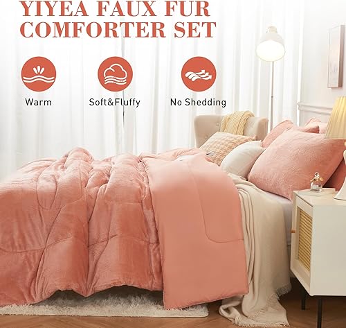 Miniatura 5 de YIYEA Juego de edredón de piel sintética tamaño King, edredón de felpa ultrasuave y esponjoso, juego de edredón coral tamaño King, juegos de ropa de