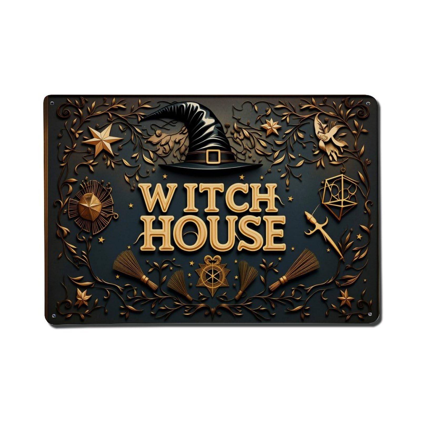 Witch Hat Stars Broomsticks Pentagram Leaves Magic Symbols Tin Sign Vintage Metal Poster, Home Bar Garage Man Cave Cafe Indoor & Outdoor Wall Decoration 8x12Inches