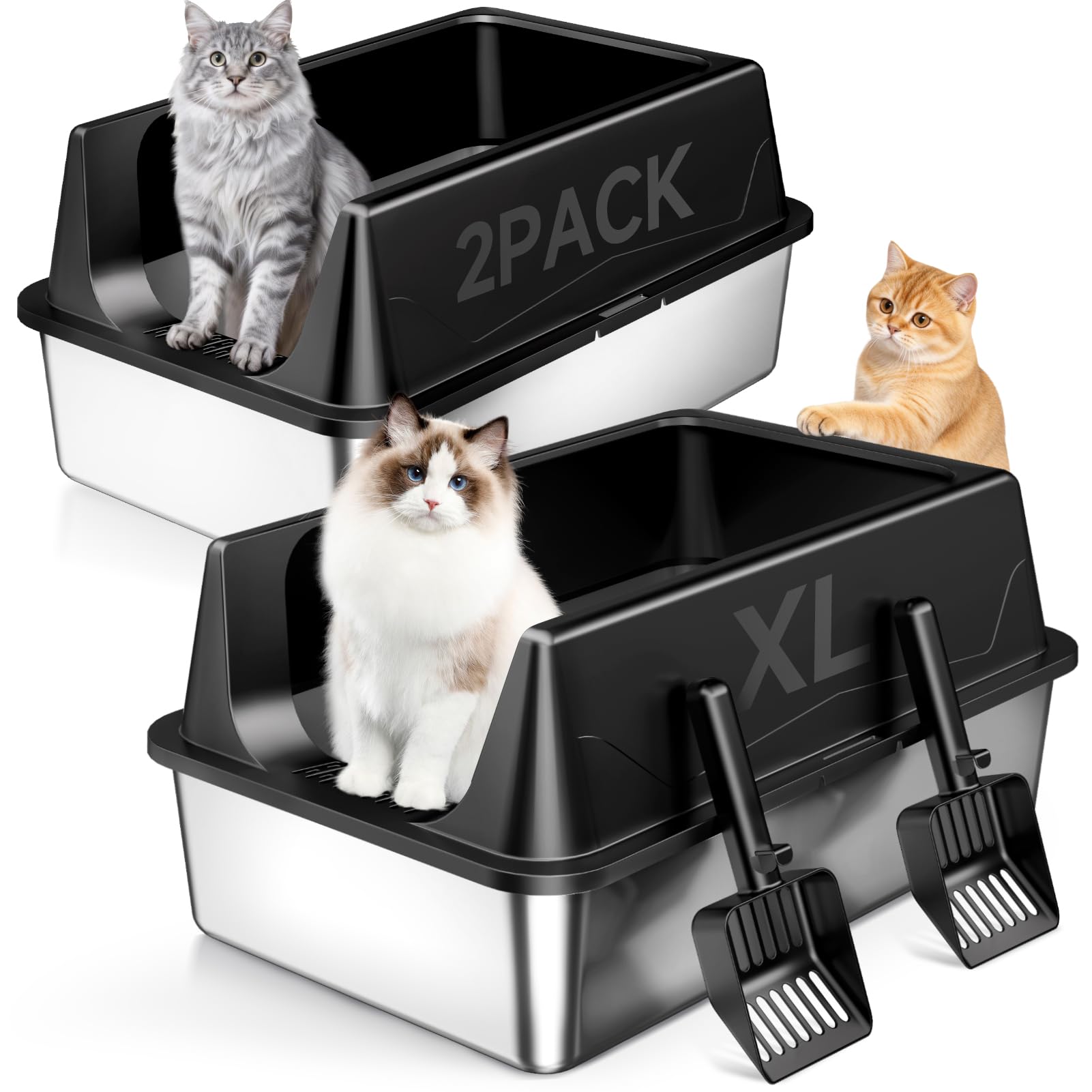 TEVILA 2 Pack XL Stainless Steel Litter Box with High Sides Shield for Multi Cat, Extra Large Tall Wall Open Top Deep Metal Pan for Big Cats, Anti-Leak Non-Stick Odor Control, 2 Scoops Included, Black