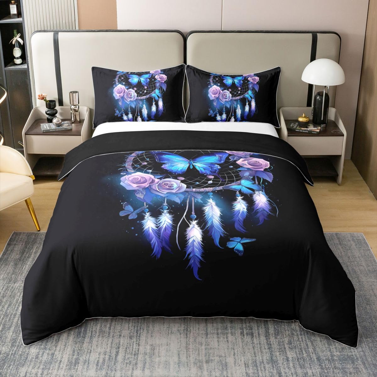 Homewish Schmetterling Traumfänger Bettwäsche 135x200 Baumwolle Boho Traumfänger Bettwäsche Set Lila Rose Bettbezug Fantasie Verträumt Bettset Schlafzimmer Dekor