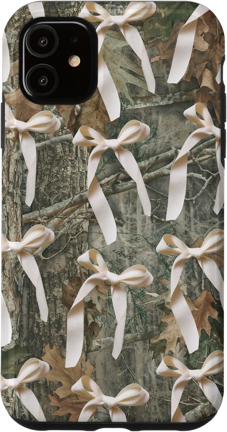 Aesthetic Camo White Bow And Ribbon Hunting Girl Women Case for iPhone 11