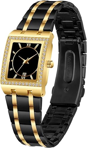 CARLIEN Relojes de pulsera de acero inoxidable de lujo para mujer, bisel de diamantes, cuadrado, impermeable, calendario, analógico, reloj de