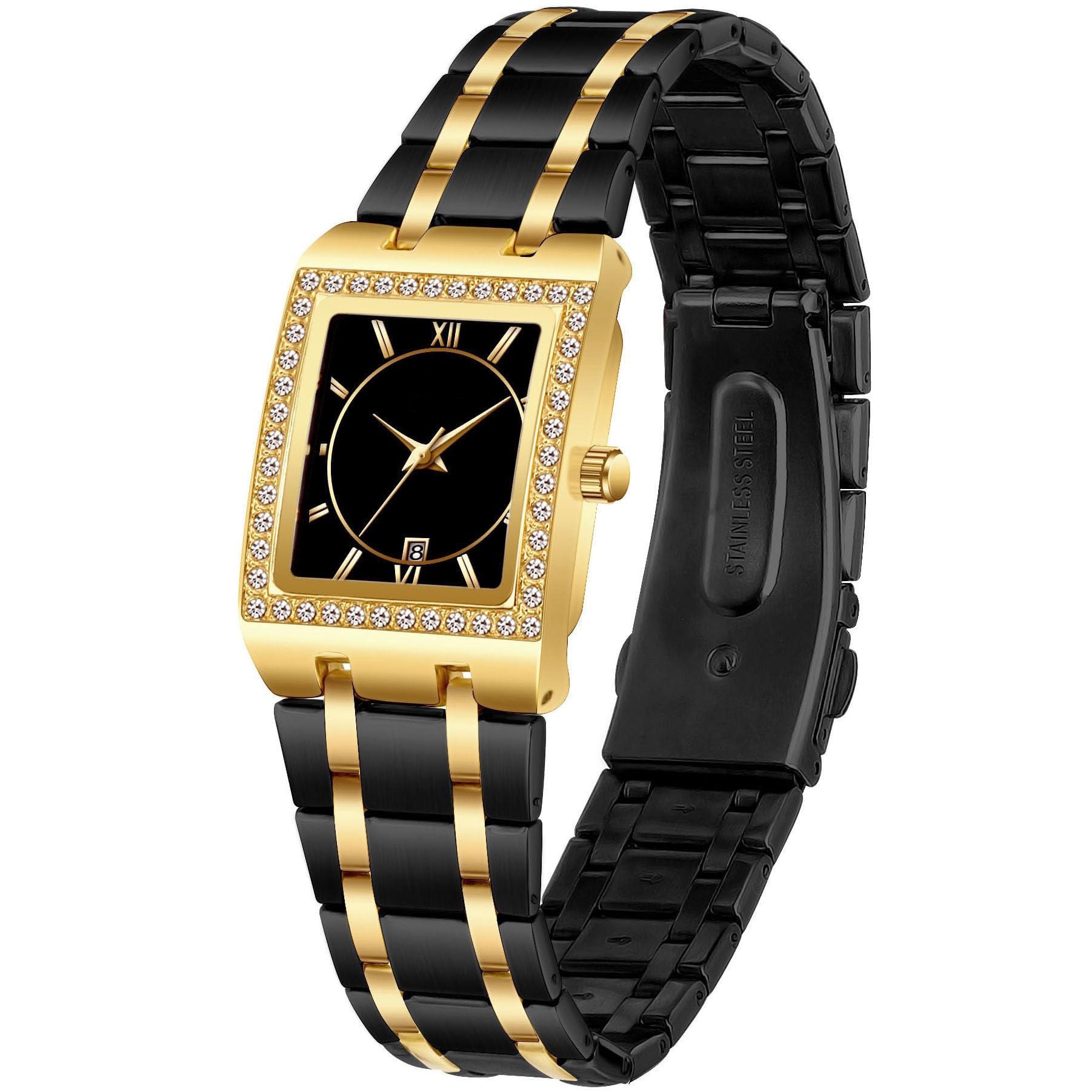 Women's Luxury Stainless Steel Bracelet Watches Ladies Diamonds Bezel Square Waterproof Calendar Analog Quartz Wrist Watch (Silver Black)