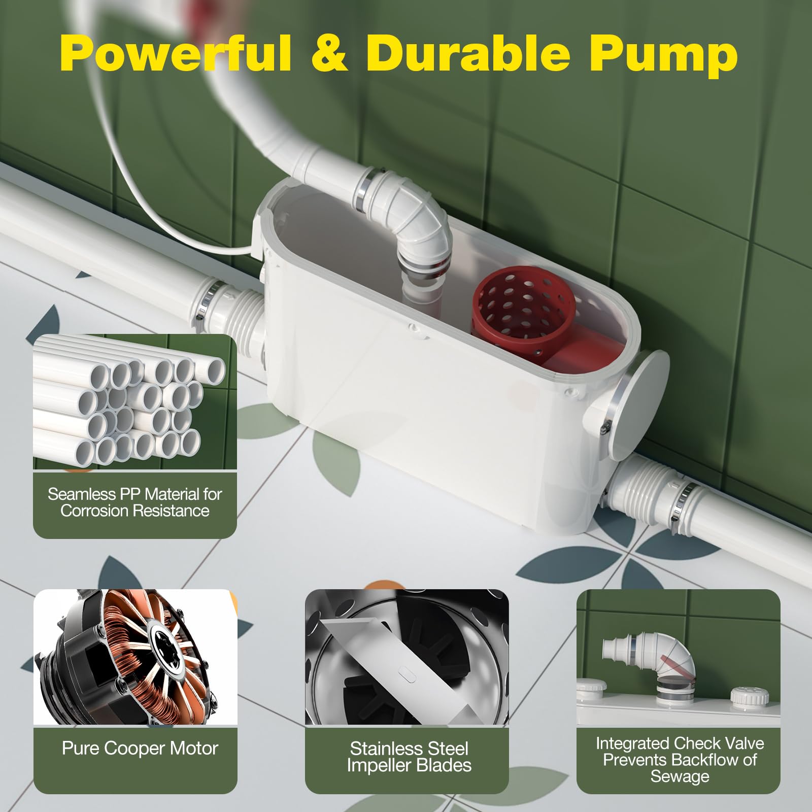 Smerigliatrice sanitaria da 500 W con scarico laterale, pompa di sollevamento per WC, lavanderia, cucina cantina, motore in rame, funzionamento silenzioso, installazione facile, 230 V