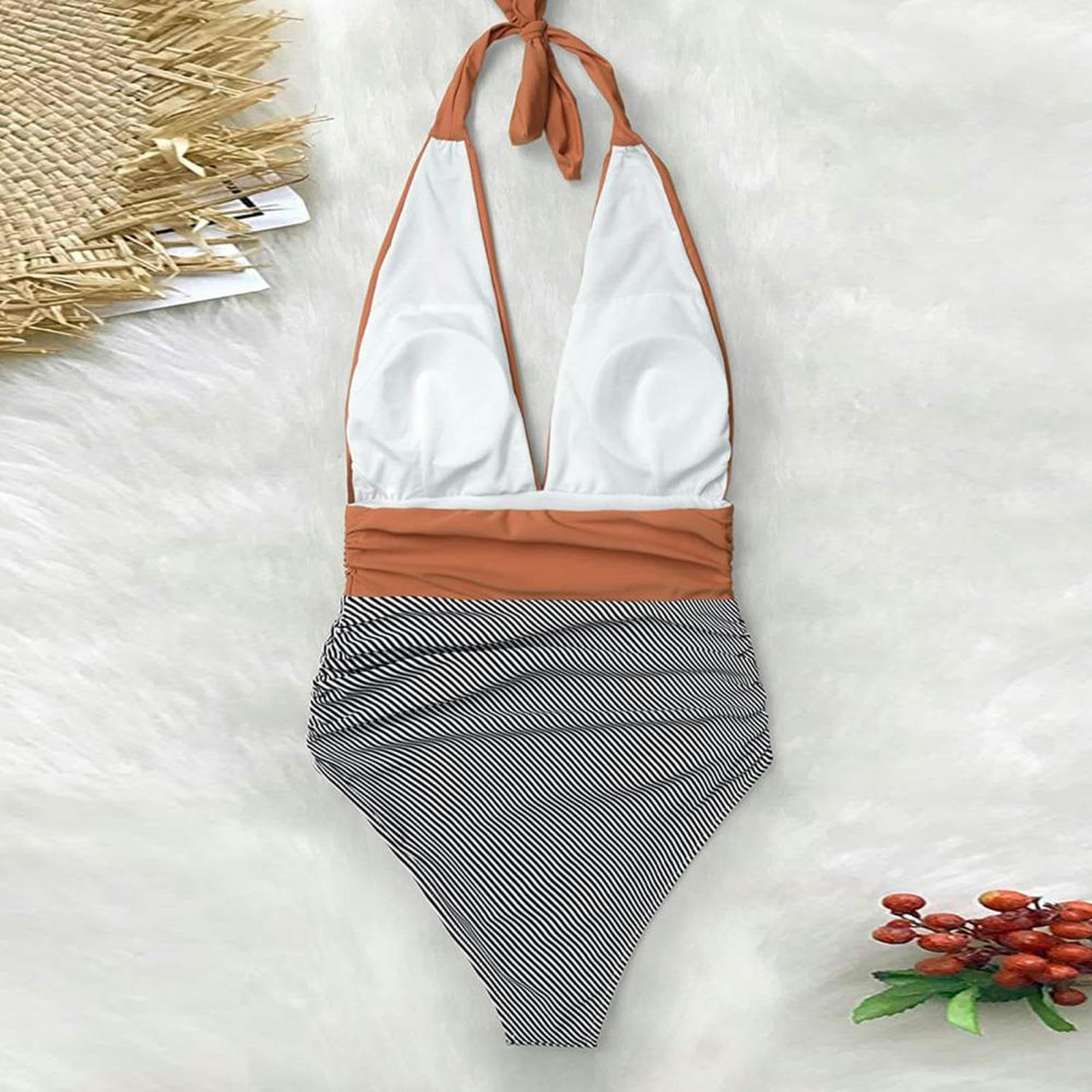 Damskie bikini damski jednoczęściowy strój kąpielowy wiązany na szyi marszczony kontrola brzucha kostiumy kąpielowe kostiumy kąpielowe-pomarańczowy-M