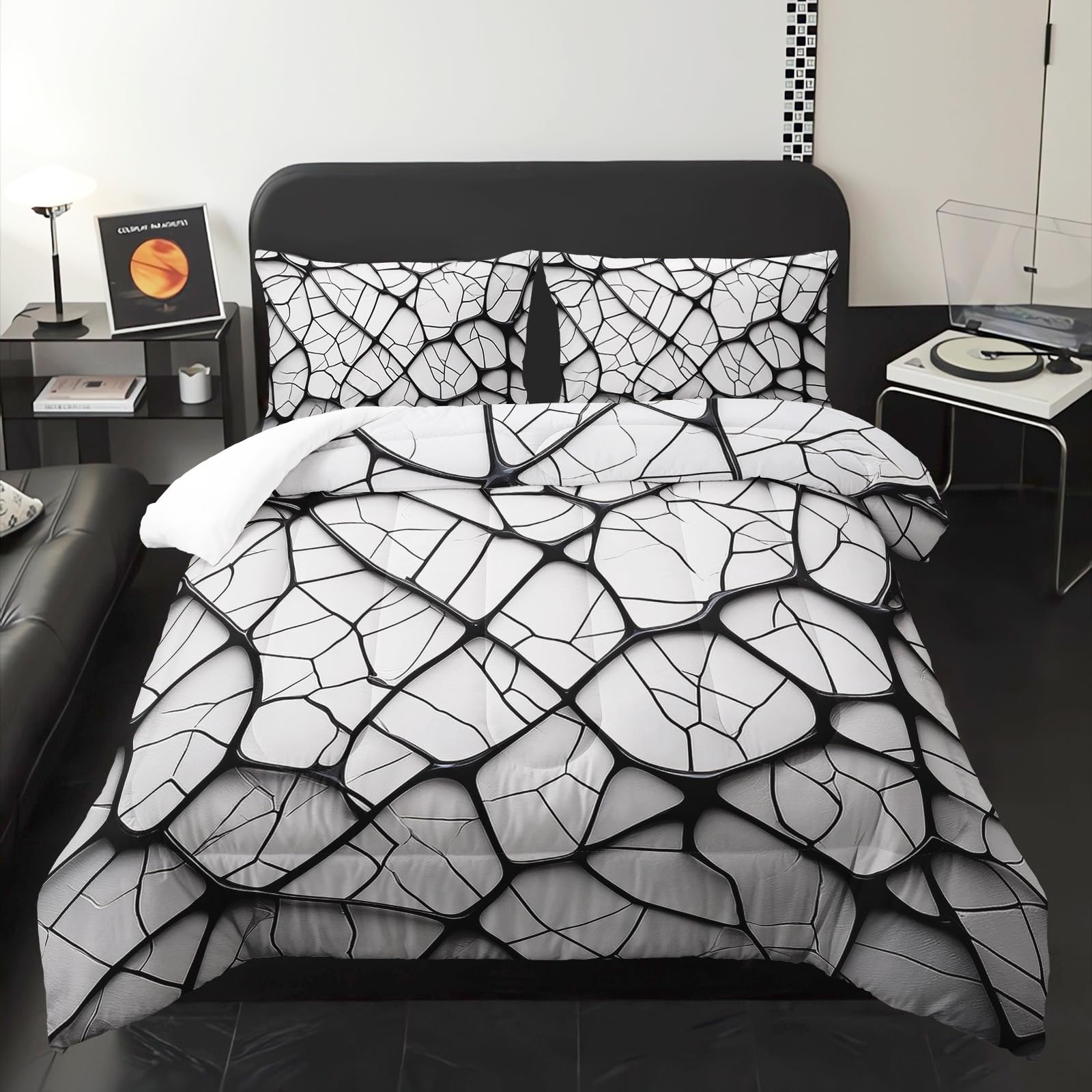 Black and White Modern Art Striped Comforter Set Queen Size，Black and White Checkered Bedding Set Queen，with 1 Comforter with 2 Pillow Case，Modern Art Bedroom Decor