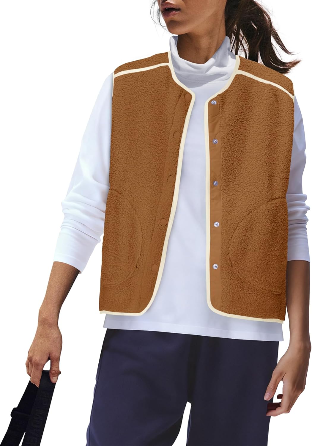 Panadila Womens Fuzzy Fleece Vest Oversized Sleeveless Sherpa Jacket Color Block Tops Button Down Outerwear with Pockets - Image 3