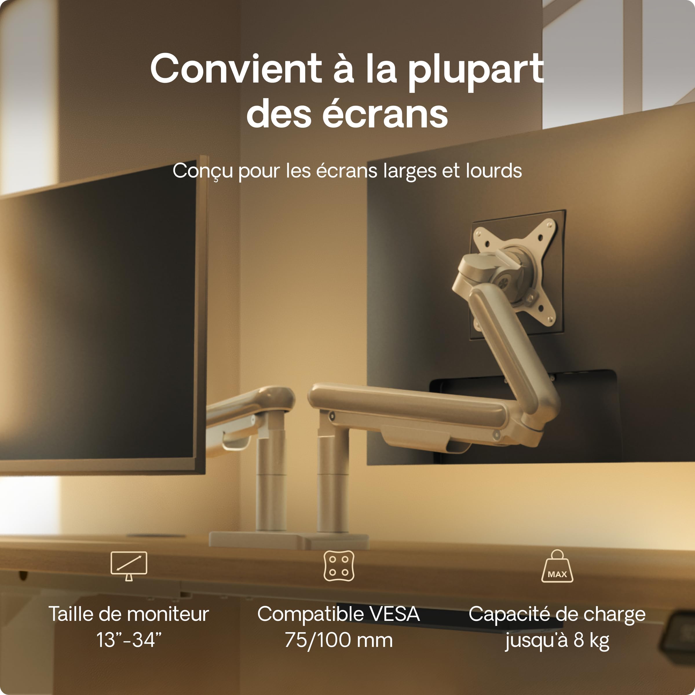Desktronic Support Double Écran 34" 8kg Rotation 360° Hauteur Réglable VESA 75/100 Blanc